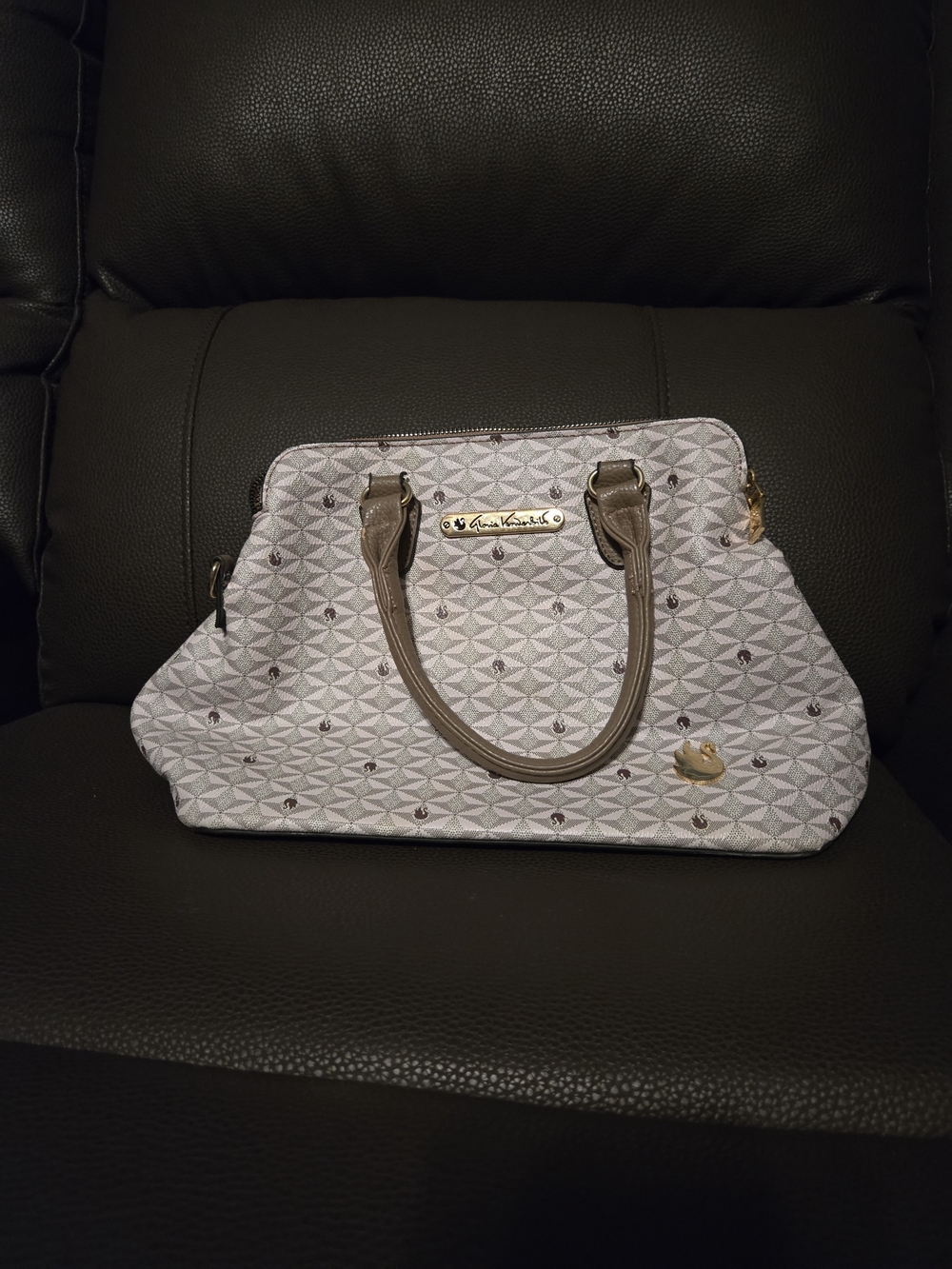 Gloria Vanderbilt Light Gray Patterned Satchel with Taupe Handles